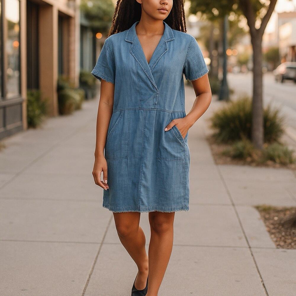 Trina Turk Chambry Lightweight Popover Dress Blue Frayed Hemline Linen Blend M - Picture 13 of 13
